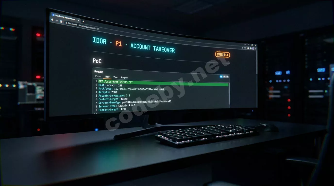 Изогнутый монитор в тёмной лаборатории отображает шаблон bug bounty репорта с заголовком на синем фоне и янтарным значком CVSS. Механическая клавиатура едва видна в рассеянном свете экрана.