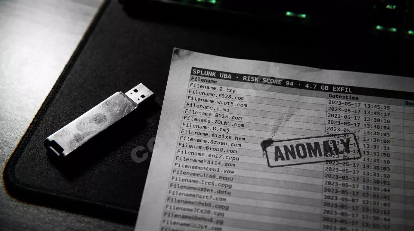 USB-накопитель на тёмном антистатическом коврике рядом с распечаткой таблицы файлов. Жёсткий боковой свет выявляет царапины и отпечатки пальцев на корпусе.
