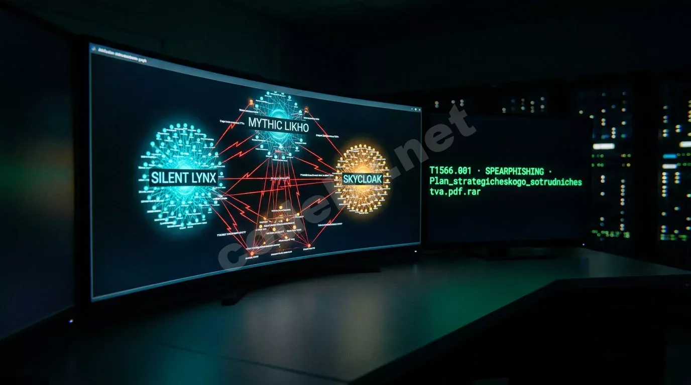 Тёмный зал SOC с изогнутым экраном, отображающим граф атрибуции трёх APT-кластеров с красными линиями связей. Единственный источник света — мониторы, бросающие синевато-янтарное свечение на стол.