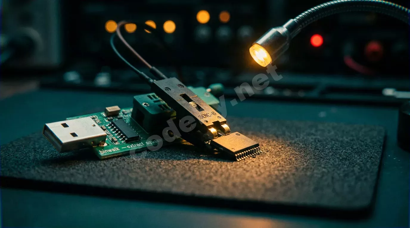 Программатор CH341A с зажимом SOIC-8 подключён к выпаянной микросхеме флеш-памяти роутера на антистатическом коврике. Тёплый свет настольной лампы выхватывает контакты на фоне тёмно-бирюзовых теней...