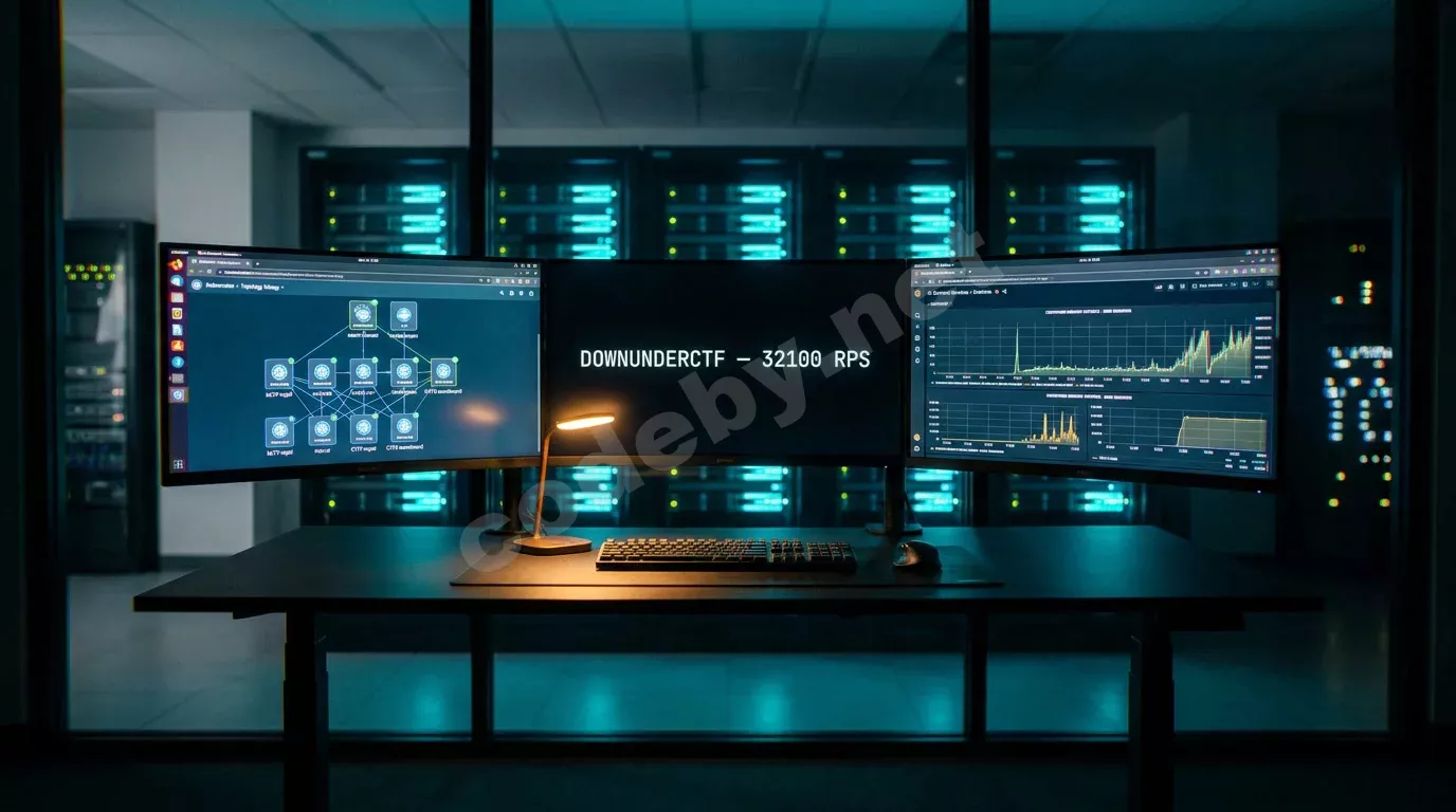 Ночной зал мониторинга сети: три монитора с топологией Kubernetes, метриками Grafana и надписью «DOWNUNDERCTF — 32100 RPS». Сквозь стеклянную перегородку видны серверные стойки с синими индикаторами.