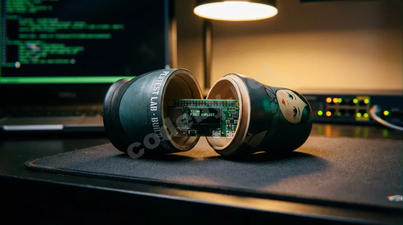 Матрёшка на тёмном антистатическом коврике: внешняя оболочка приоткрыта, внутри виден миниатюрный одноплатный компьютер с мерцающим дисплеем. На фоне — размытый экран ноутбука с зелёным терминалом.