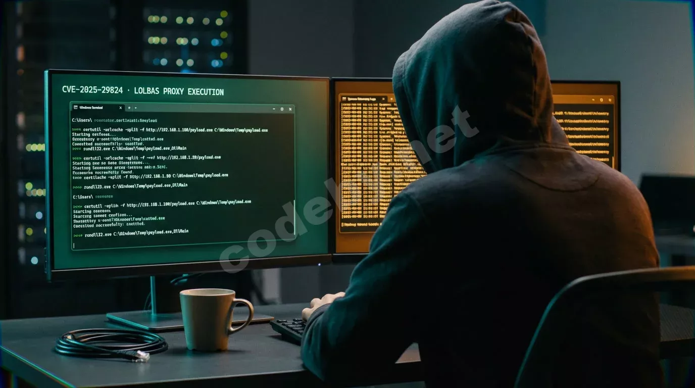 Исследователь безопасности со спины за тёмной рабочей станцией с двумя мониторами. На экранах — терминал Windows с зелёным кодом и логи Sysmon в янтарном свечении.