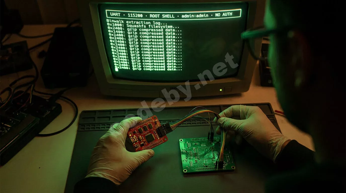 Руки оператора держат Bus Pirate, подключённый проводами к плате на антистатическом коврике. Монитор с зелёным терминалом освещает пальцы и точки пайки в темноте.