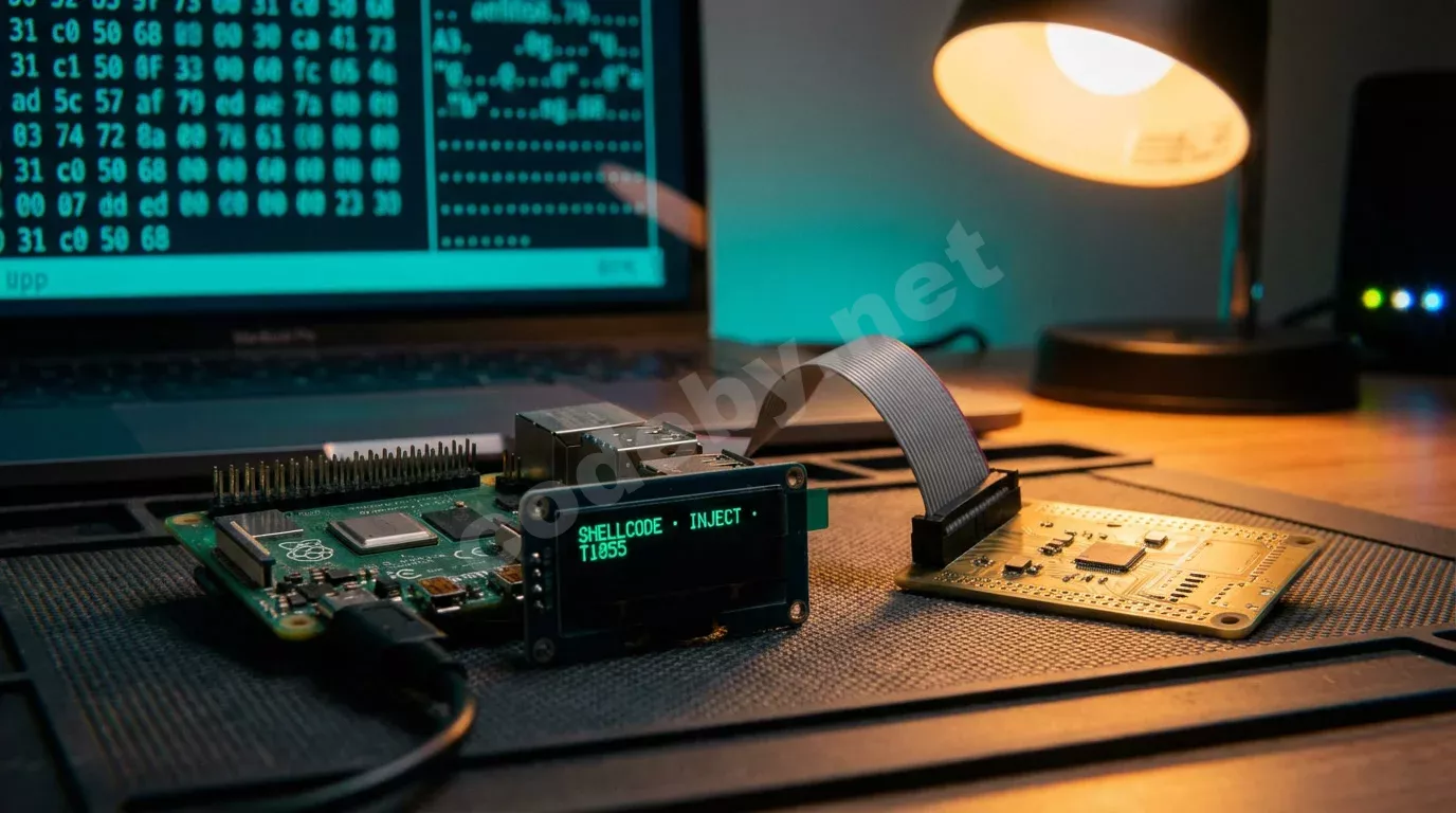 Raspberry Pi с открытыми контактами на тёмном антистатическом коврике, OLED-экран светится зелёным текстом с шестнадцатеричными байтами. Рядом ноутбук с дампом памяти в бирюзовом свечении.