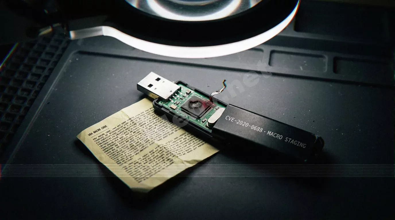 Сгоревший контроллер USB-накопителя крупным планом на антистатическом коврике. Рядом распечатка обфусцированного VBA-кода с гравировкой названия уязвимости на корпусе.