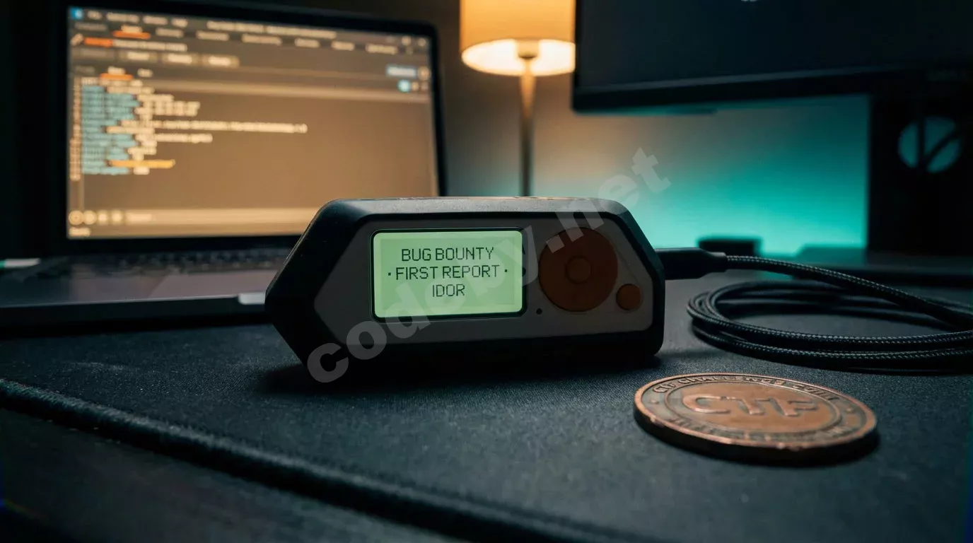 Флиппер Зиро на тёмном антистатическом коврике рядом с монетой CTF. Экран устройства светится зелёным текстом, позади — размытое окно Burp Suite в тёплом янтарном свете.