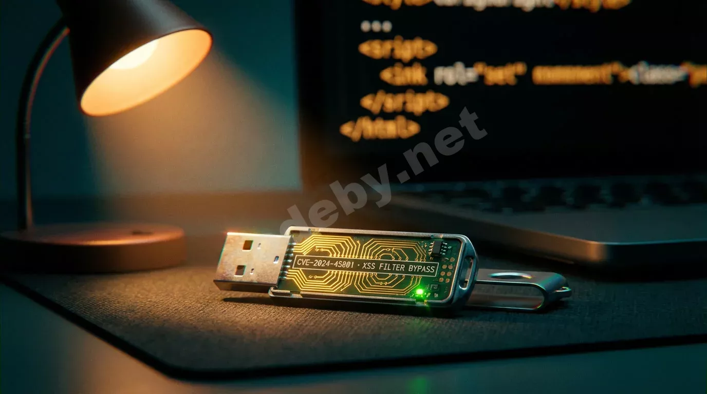 Вскрытый USB-накопитель на антистатическом коврике с золотыми дорожками платы под боковым светом. На фоне — размытый экран ноутбука с янтарным кодом в темноте.
