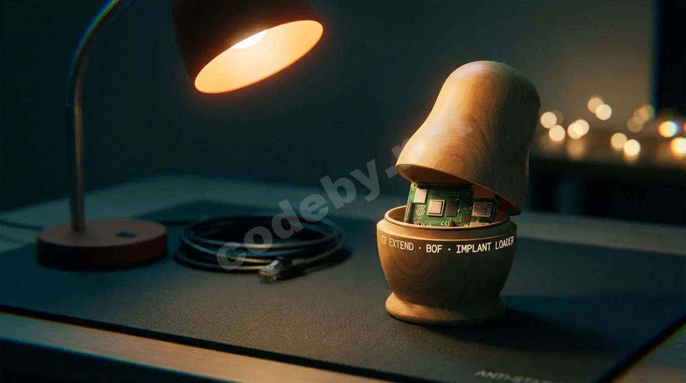 Матрёшка с поднятой крышкой, внутри которой спрятан миниатюрный одноплатный компьютер. Тёплый янтарный свет лампы, глубокие тёмно-бирюзовые тени, плёночное зерно.