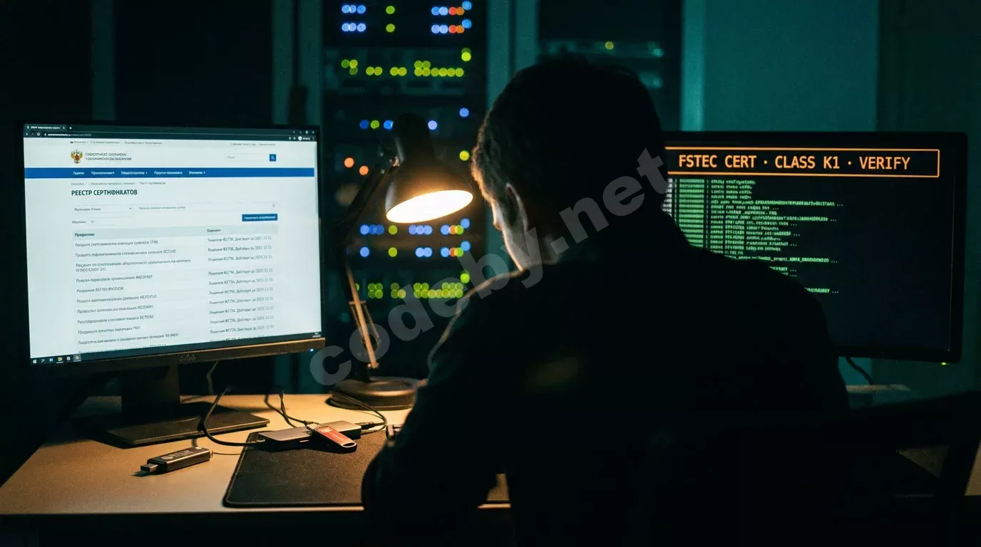 Силуэт инженера за двумя мониторами ночью: на экранах реестр сертификатов и терминал верификации. На столе USB-токены в свете янтарной лампы.