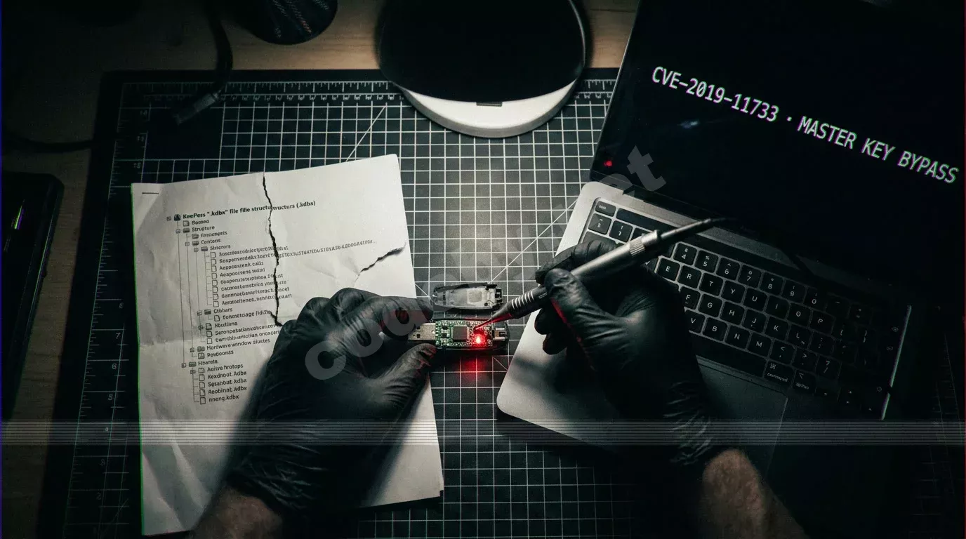 Разобранный USB-токен безопасности и ноутбук с зелёным текстом на тёмном экране лежат на антистатическом столе. Руки в перчатках держат логический щуп над микросхемой.
