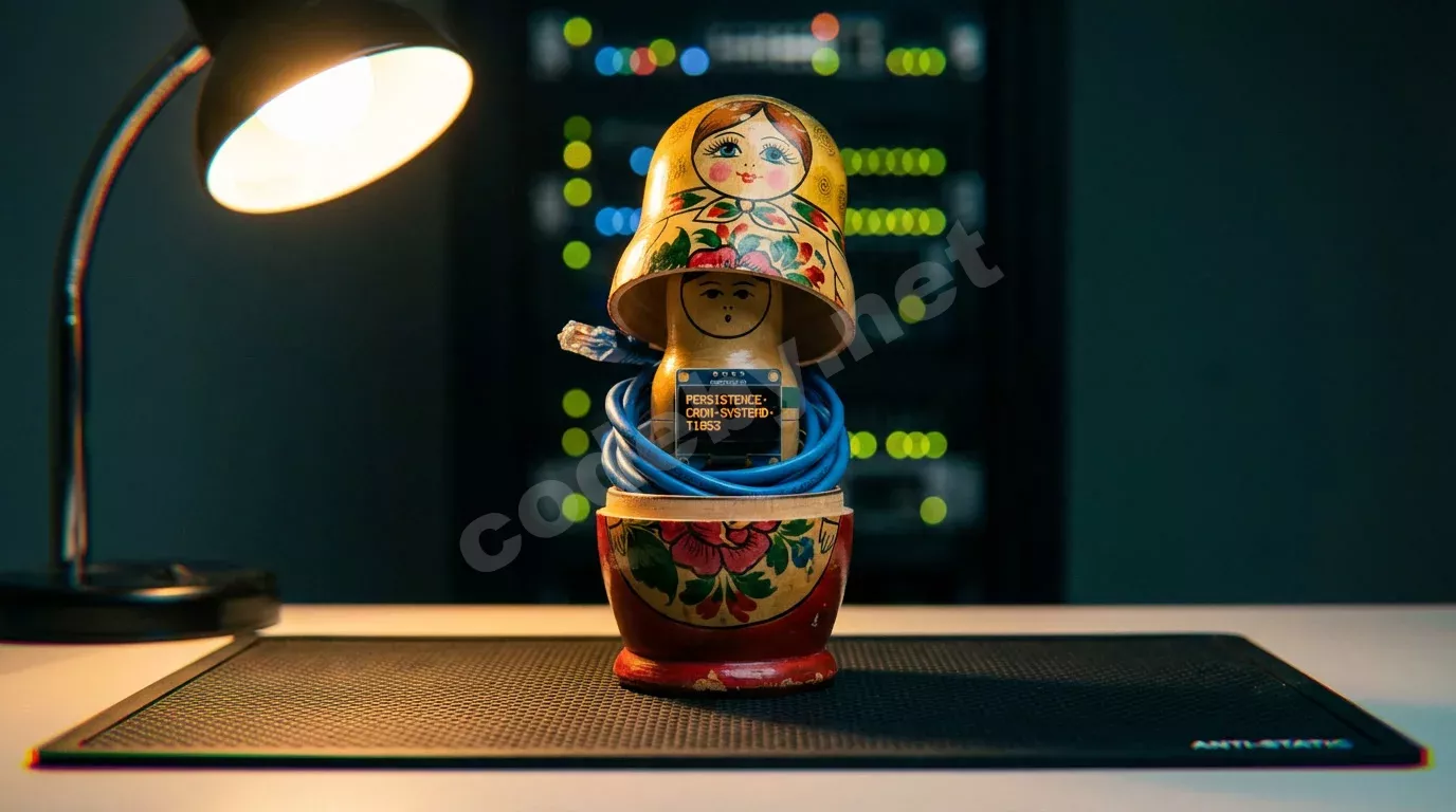 Матрёшка на тёмном антистатическом коврике: внешняя оболочка приоткрыта, внутри фигурка с кабелем и Raspberry Pi. Янтарный дисплей светится в тени, боке из огней серверной стойки.