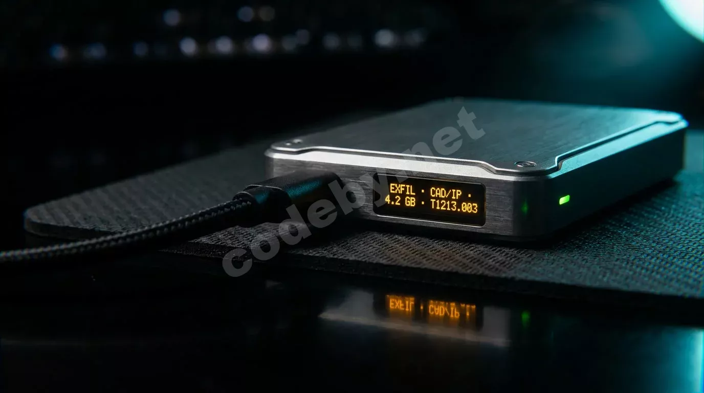 Портативный SSD на тёмном антистатическом коврике с янтарным OLED-дисплеем, отображающим данные об утечке файлов. Жёсткий цианový свет скользит по матовому металлическому корпусу, USB-C кабель уход...