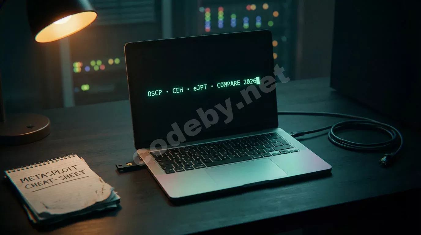 Полуоткрытый ноутбук на тёмном столе с зелёным текстом в терминале. Рядом YubiKey и потрёпанный блокнот, янтарный свет лампы смешивается с синеватым свечением экрана.