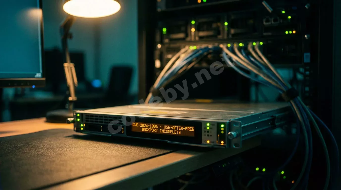Серверный блейд, наполовину извлечённый из тёмной стойки, с янтарным текстом об уязвимости на ЖК-панели. Тёплый свет лампы и холодное бирюзовое свечение монитора на матовом металле.