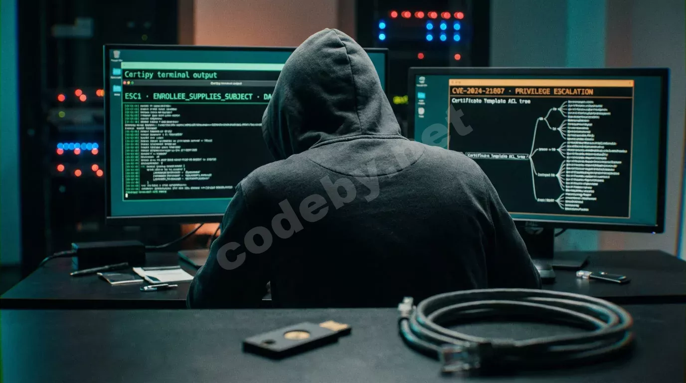 Исследователь безопасности за тёмной рабочей станцией с двумя мониторами. На экранах — терминал Certipy с зелёным текстом и дерево ACL шаблонов сертификатов в янтарном свечении.