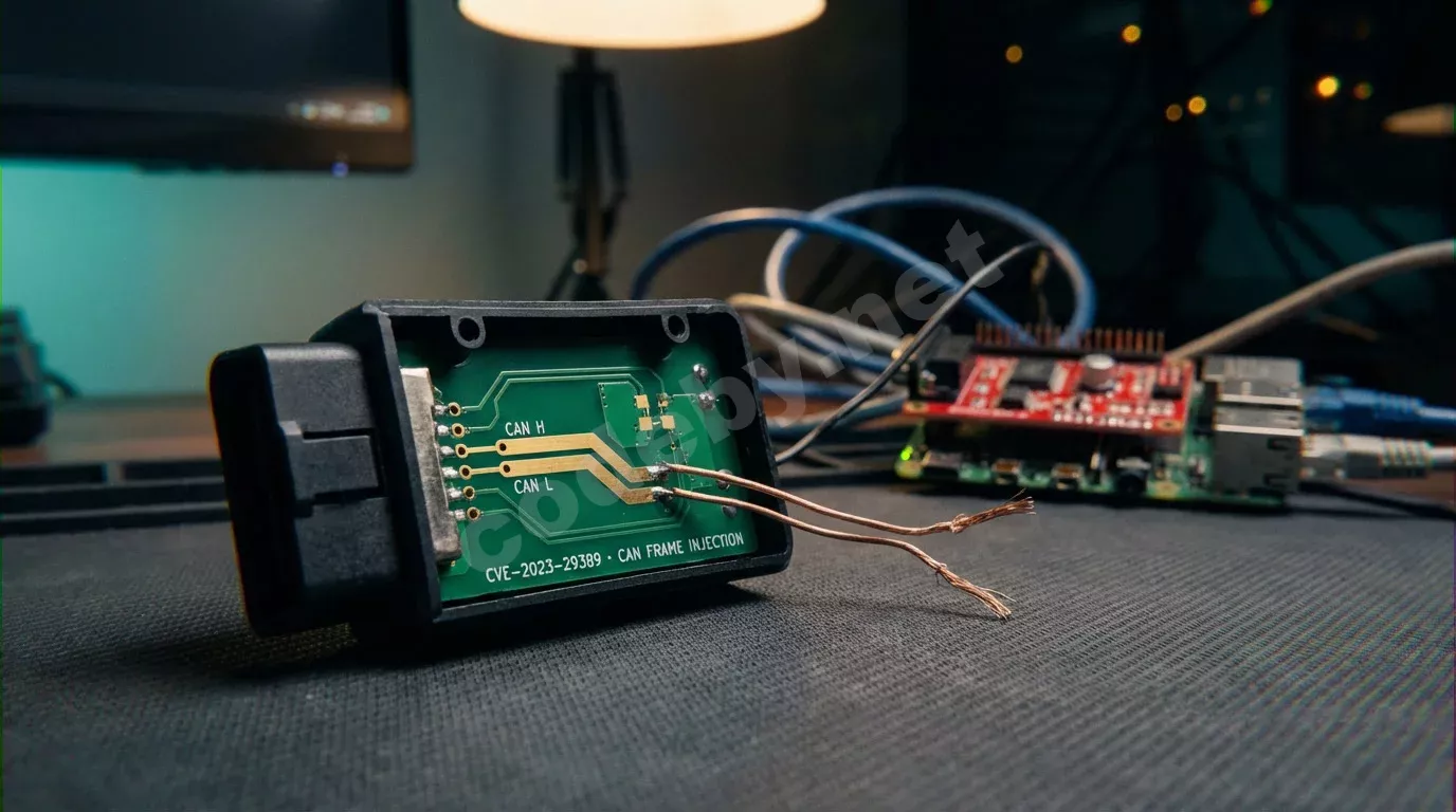 Разобранный разъём OBD-II на антистатическом коврике с видимыми дорожками платы. На фоне в боке светится Raspberry Pi с зелёным индикатором.