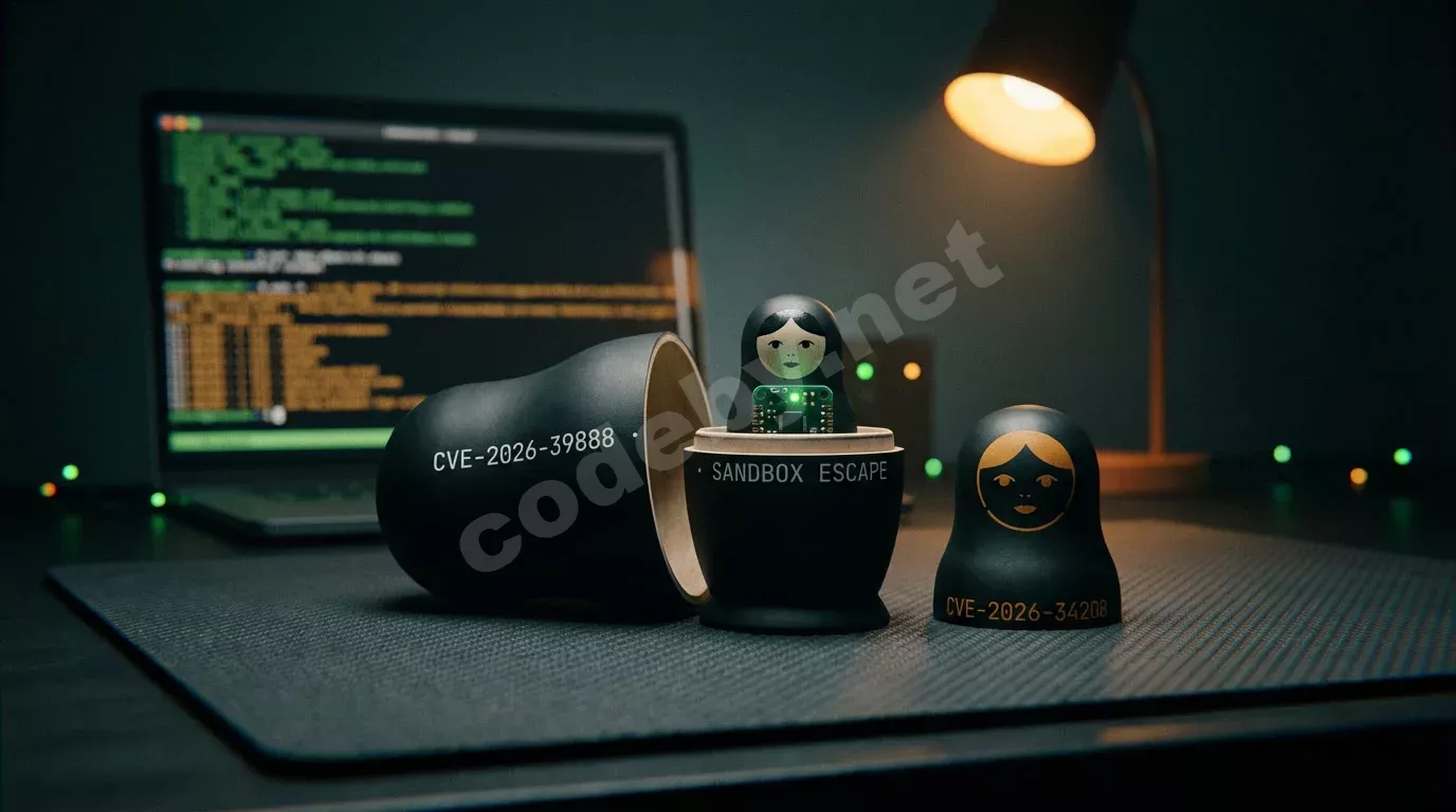 Матрёшки на тёмном антистатическом коврике: внешняя с гравировкой CVE-2026-39888, внутренняя с платой и зелёным светодиодом. Янтарный свет лампы, боке, глубокие тени.