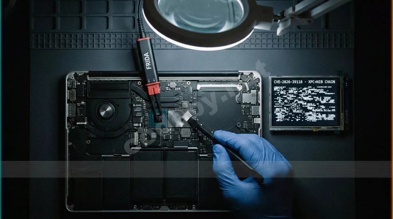Разобранная материнская плата MacBook на тёмном рабочем столе с подключённым диагностическим зондом. Монитор отображает код уязвимости в монохромном свечении.
