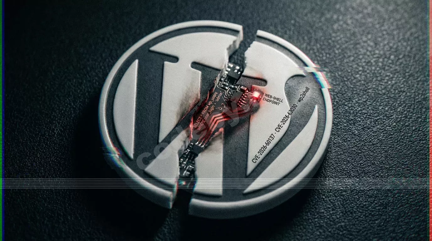 Расколотый керамический логотип WordPress с обнажённой платой внутри и выжженной дорожкой от SQL-запроса к красной точке веб-шелла. Лазерная гравировка с идентификаторами CVE на уцелевшей половине,...