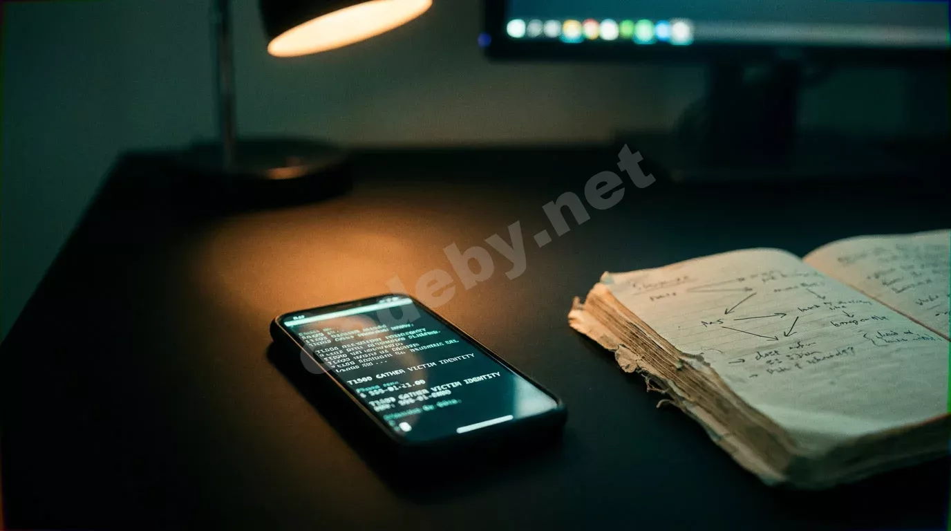 Смартфон на тёмном столе светится терминалом с результатами сканирования номера. Рядом лежит блокнот со схемами, янтарный свет лампы выхватывает сцену из темноты.