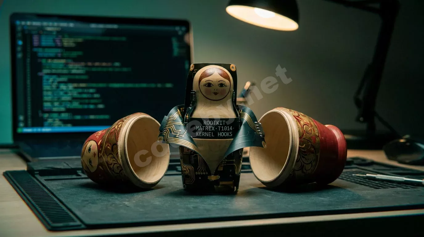 Матрёшка, разделённая пополам, внутри которой фигурка с платой и надписями о руткитах. На фоне светится экран с зелёным кодом.