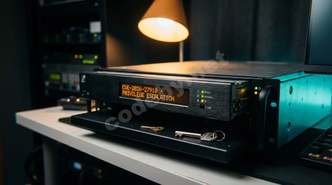 Серверный блейд выдвинут из тёмной стойки, на его ЖК-панели светится янтарная надпись с кодом уязвимости. Рядом лежат два ключа разного размера, намекая на повышение привилегий.