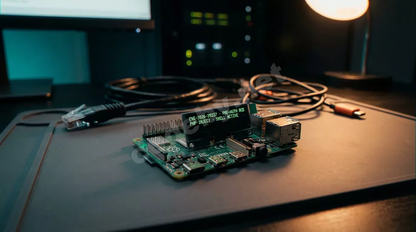 Raspberry Pi с открытыми контактами GPIO лежит на тёмном антистатическом коврике. Крошечный OLED-экран светится зелёным текстом с кодами уязвимостей на фоне янтарного света настольной лампы.