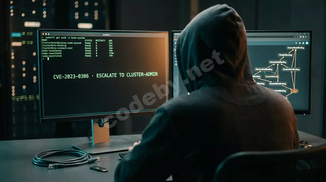 Исследователь безопасности за тёмной рабочей станцией с двумя мониторами: на одном — зелёный терминал kubectl, на другом — граф RBAC с восходящими стрелками. Бирюзовый свет экранов падает на худи и...