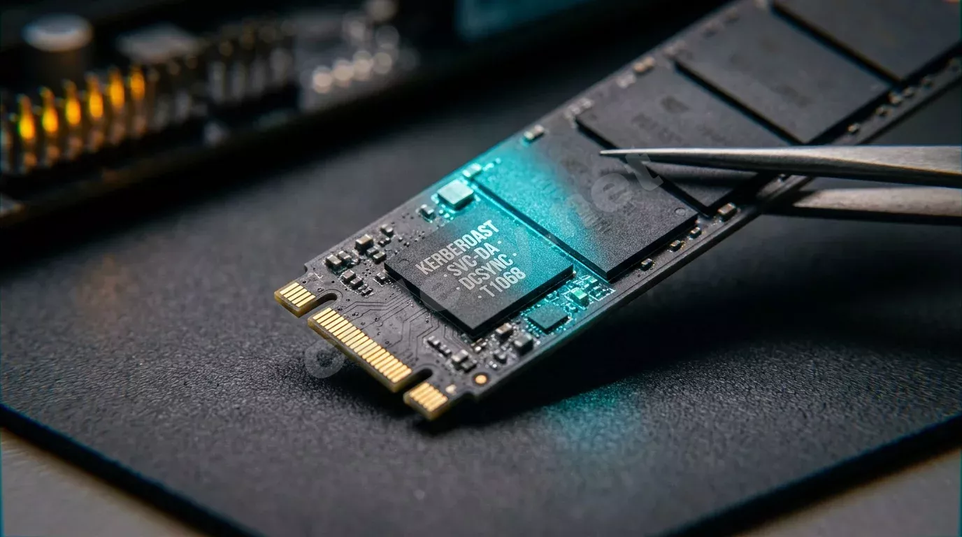 Макросъёмка NVMe-накопителя сервера в антистатическом пинцете: на контроллере чипа лазером выгравированы термины Kerberoast, SVC-DA, DCSync. Резкий голубой свет подчёркивает бонд-площадки и N...