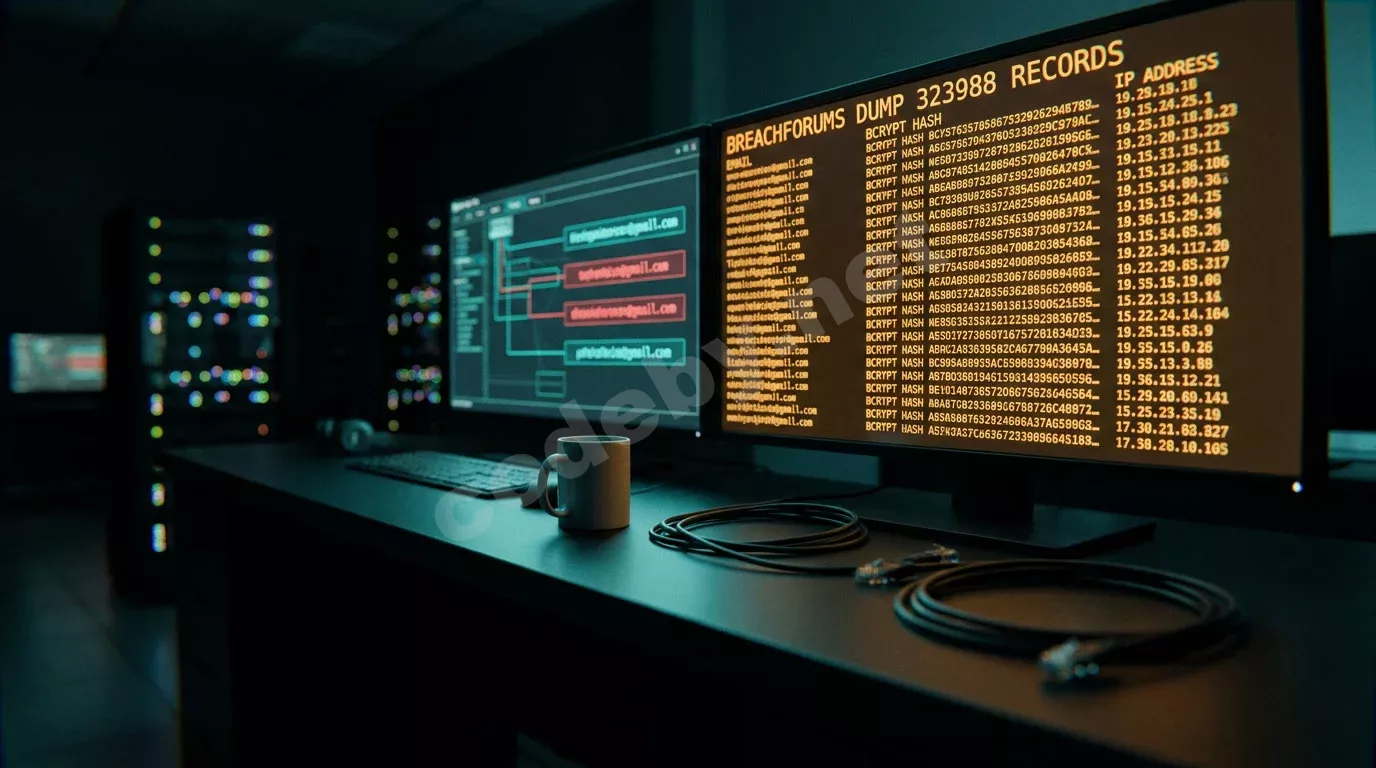 Ночной зал SOC: монитор с прокручивающимся SQL-дампом, строки хешей и адресов. Второй экран показывает панель SIEM, холодный свет экранов падает на кабели и кружку.