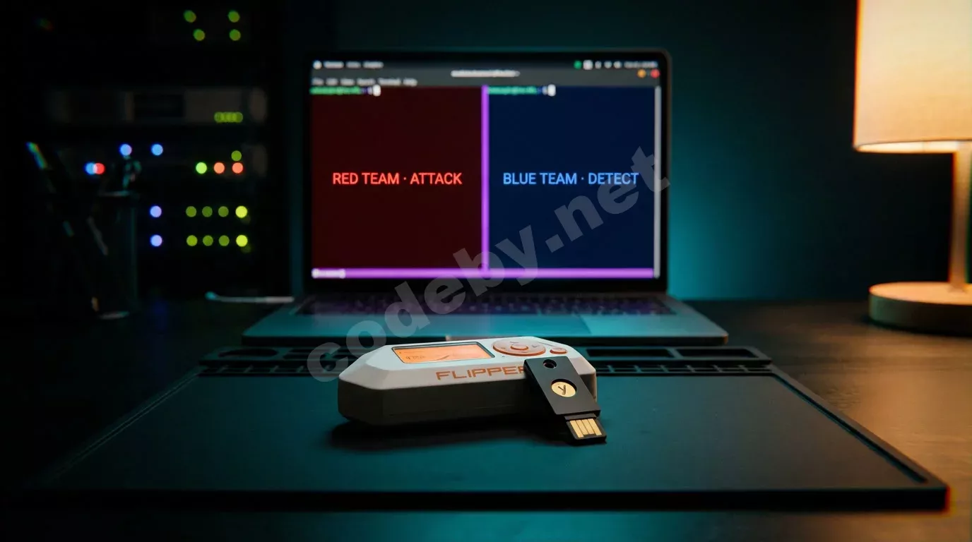 Флиппер Зеро и аппаратный ключ на чёрном столе, за ними экран ноутбука с красной и синей панелями терминала, разделёнными фиолетовой линией.