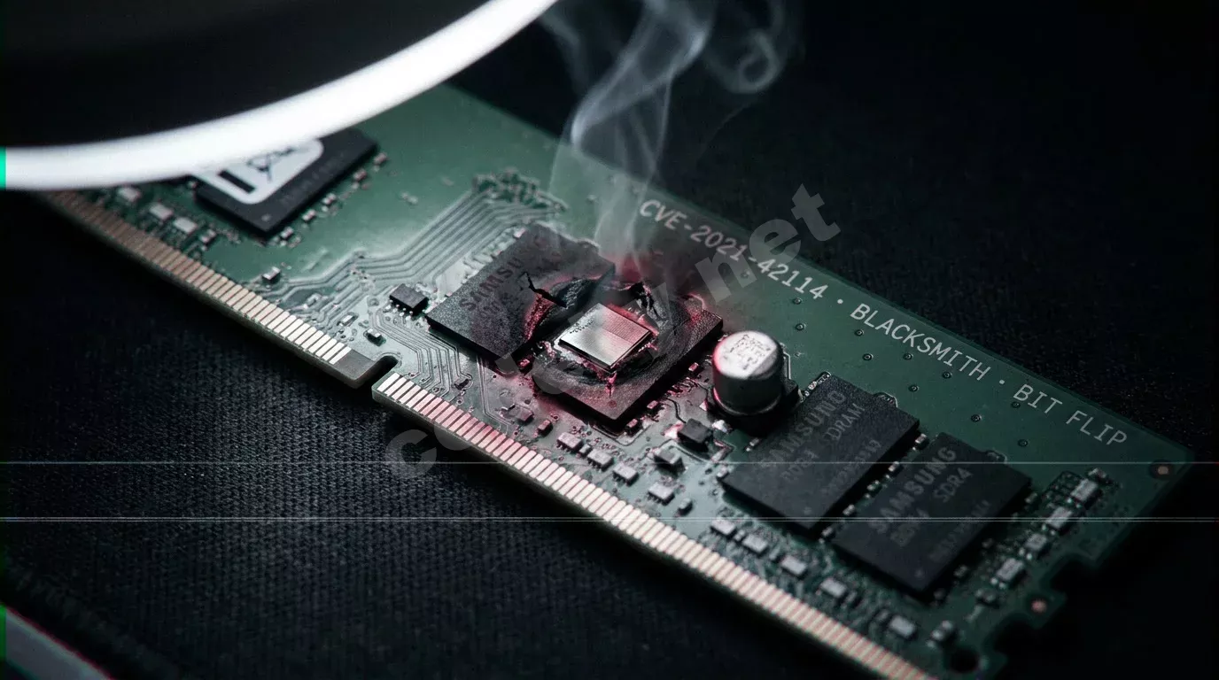 Модуль оперативной памяти DDR4 на чёрном антистатическом коврике с повреждённым чипом под жёстким белым светом. Макросъёмка выявляет трещины пайки и вздутый конденсатор на фоне глубоких теней.