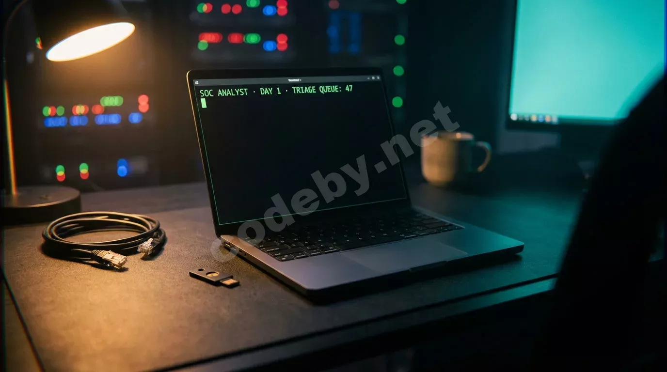 Полуоткрытый ноутбук на тёмном столе светится терминалом с очередью триажа. Рядом лежат кабель и YubiKey, янтарная лампа и бирюзовый отсвет делят сцену надвое.