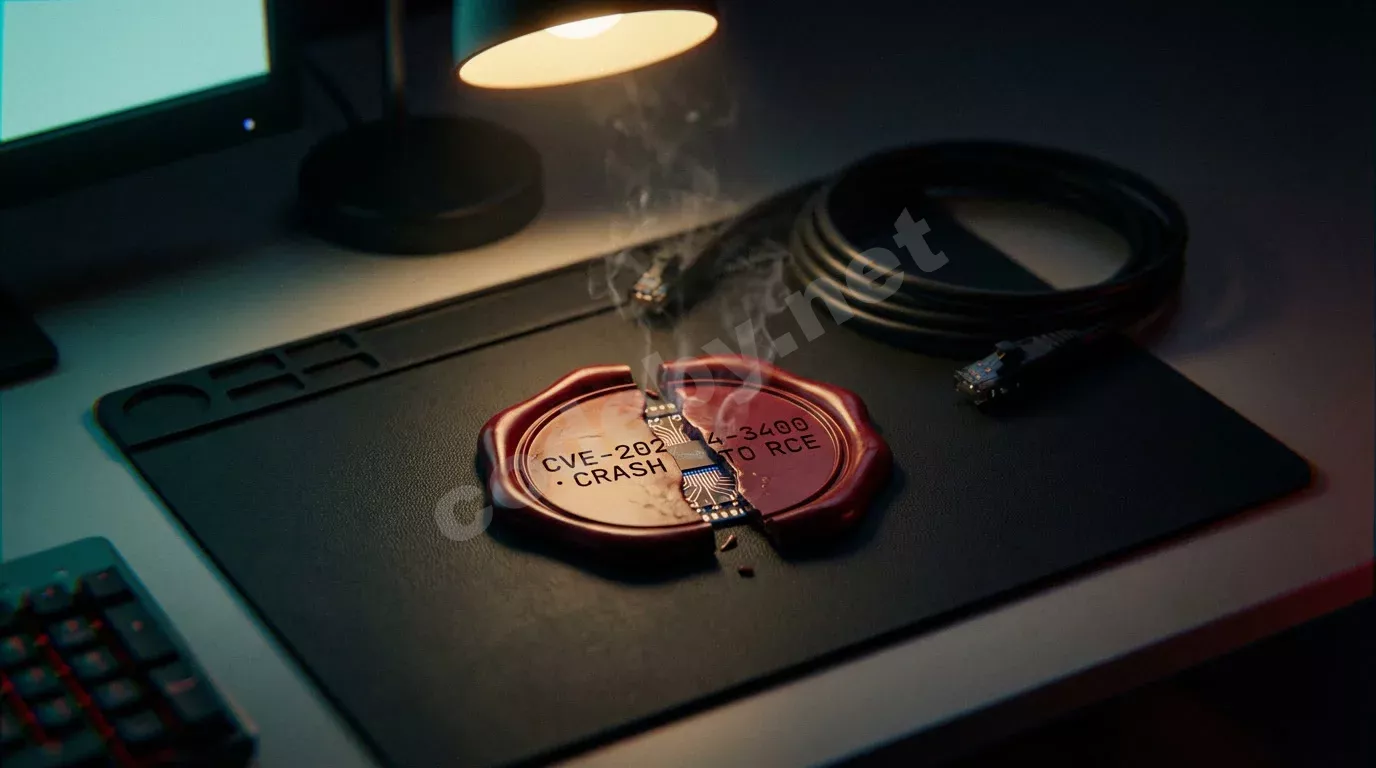 Треснувшая сургучная печать тёмно-красного цвета на матовом чёрном коврике, под ней — плата с гравировкой. Тёплый свет настольной лампы, бирюзовое свечение монитора, мелкозернистые тени.