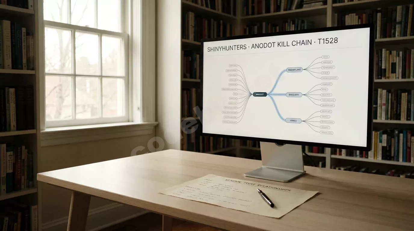 Монитор на светлом столе отображает граф зависимостей supply chain с узлами Anodot, Snowflake и Vimeo. Мягкий дневной свет из окна падает на распечатку с цепочкой доверия вендоров.