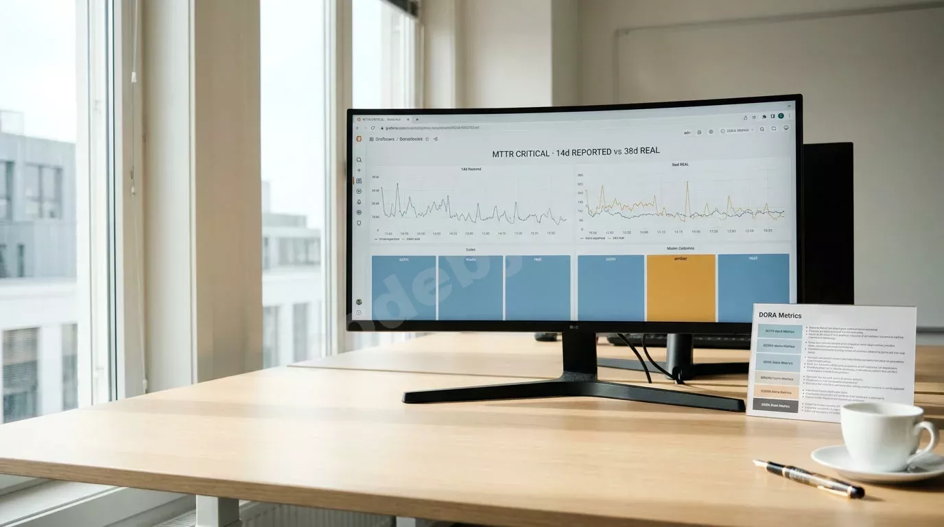 Рабочий стол аналитика у окна: монитор с дашбордом Grafana, графики MTTR и карточка метрик DORA рядом с чашкой кофе и перьевой ручкой.