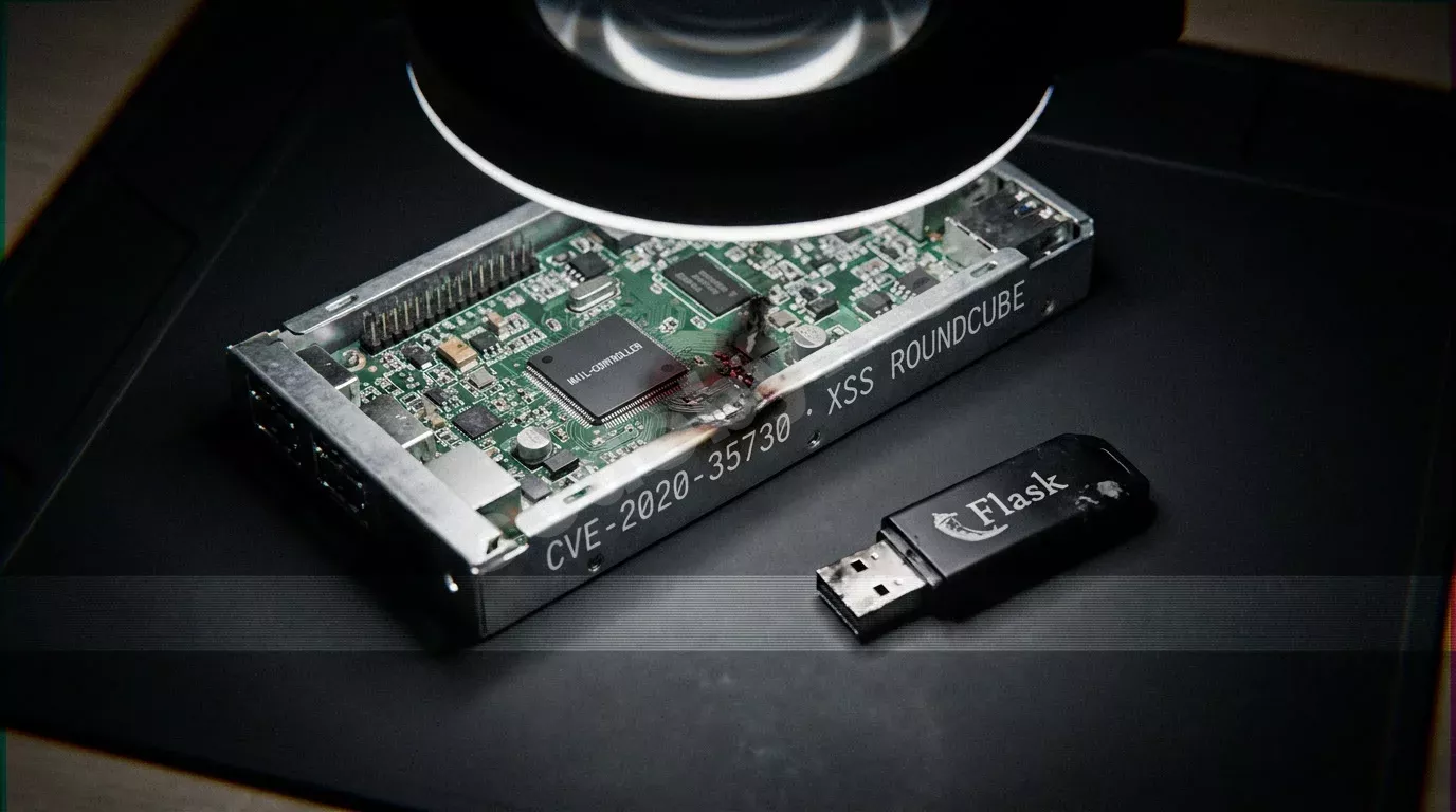 Вскрытый серверный модуль на чёрном антистатическом коврике: обгоревшая дорожка платы у чипа почтового контроллера под жёстким конусом света. Рядом сломанный USB-донгл.