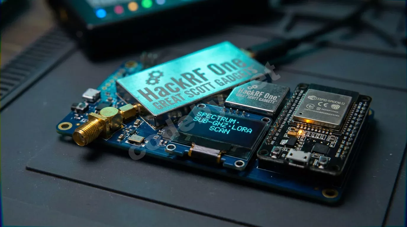 Плата HackRF One на тёмном антистатическом коврике крупным планом: синий текстолит, золотистый SMA-разъём и модуль ESP32 с янтарным светодиодом.