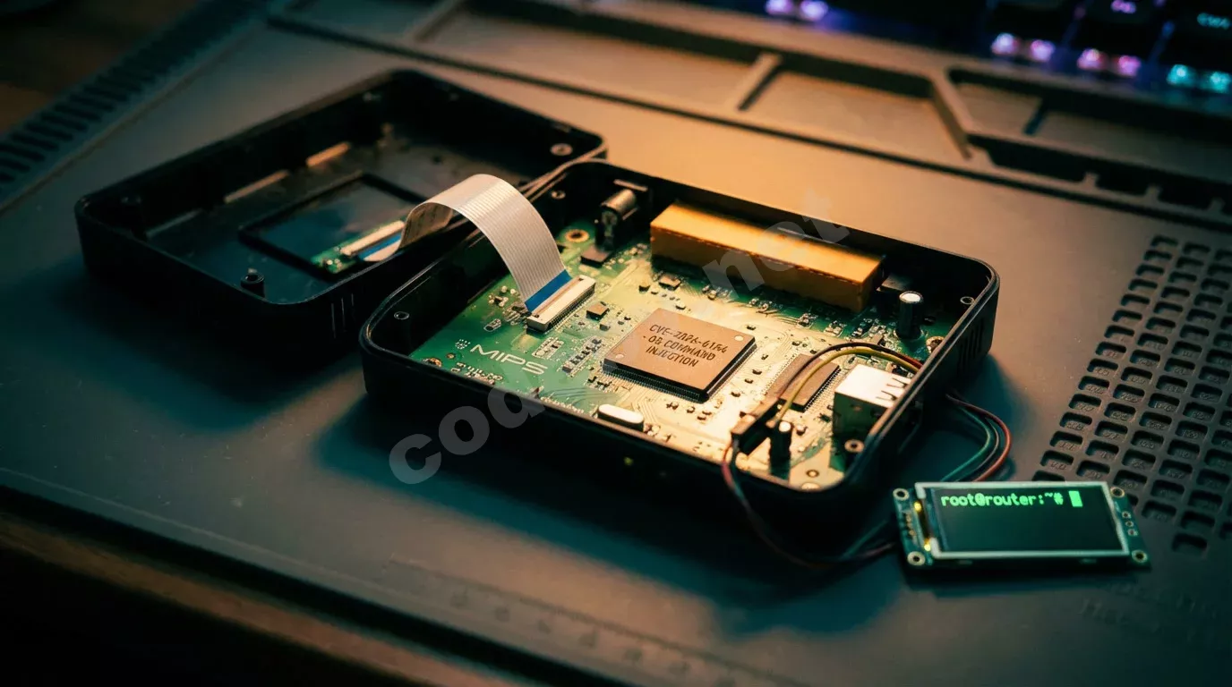 Роутер Totolink с вскрытым корпусом на антистатическом коврике, плата с подсвеченным чипом и зелёным терминалом с root-приглашением.