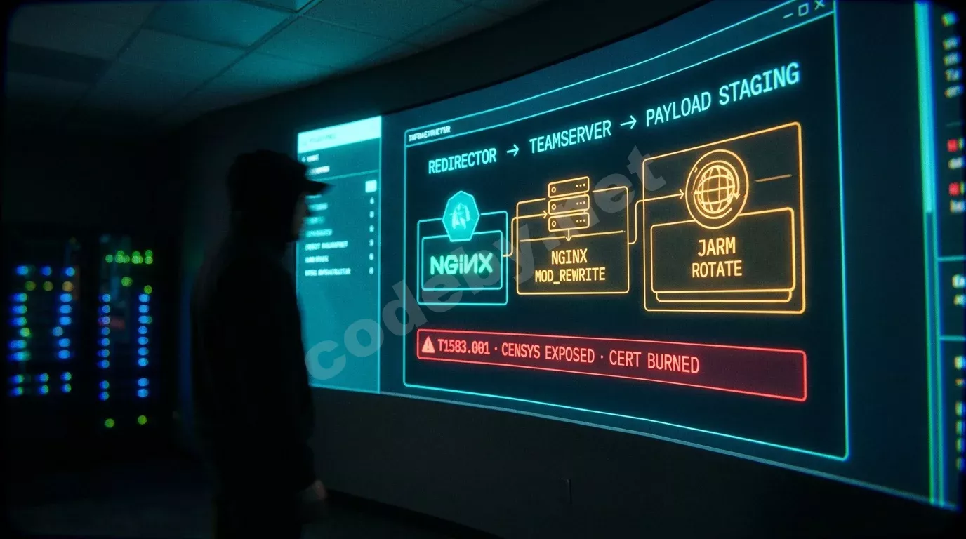 Тёмная серверная комната с изогнутым экраном, на котором светится схема инфраструктуры red team: редиректор, тимсервер и этапы доставки payload. У края экрана в свечении мониторов различим силуэт о...