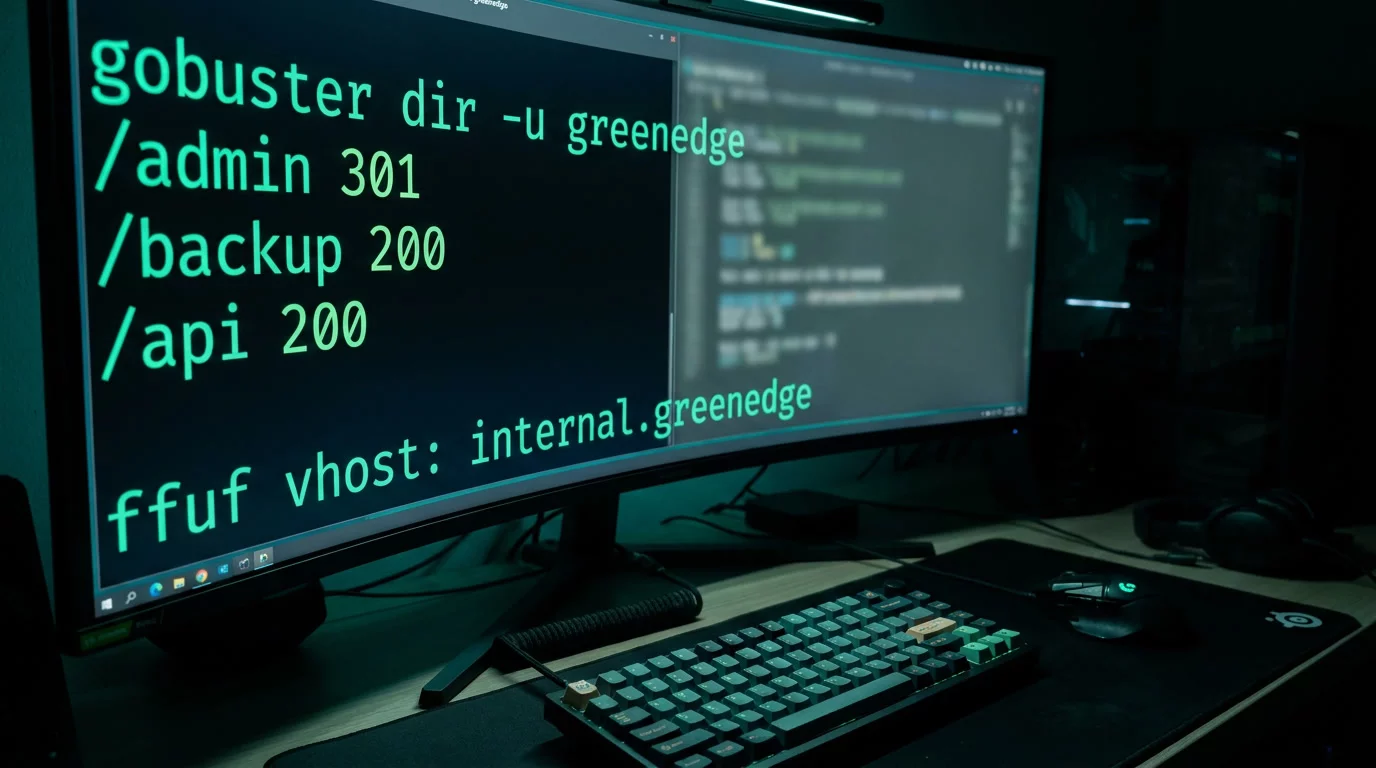 Тёмный рабочий стол с терминалом: web-разведка GreenEdge, gobuster нашёл /admin, /backup, /api, ffuf обнаружил vhost internal.greenedge