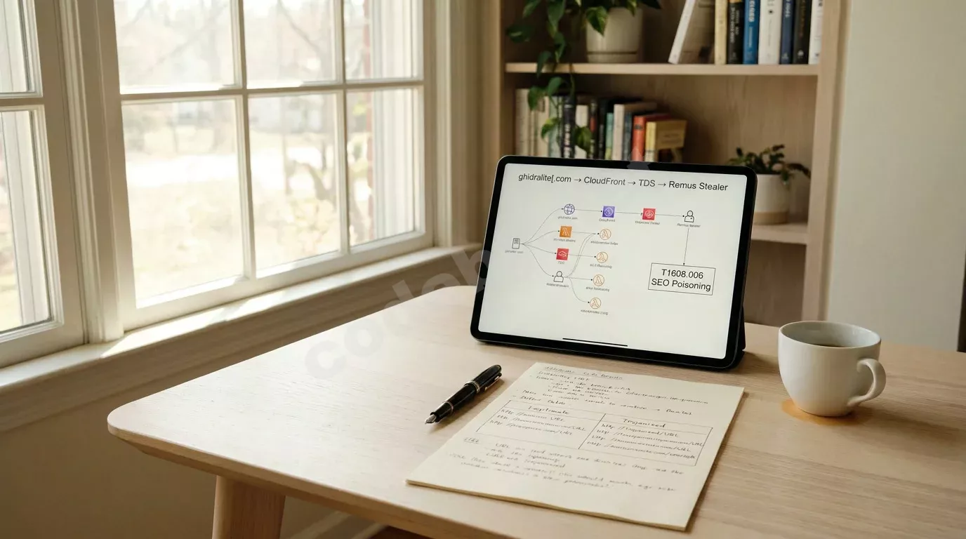 Планшет на светлом столе отображает схему редиректов TDS с узлами SEO-отравления. Рядом лежит бумага с рукописным сравнением легитимных и троянизированных ссылок.