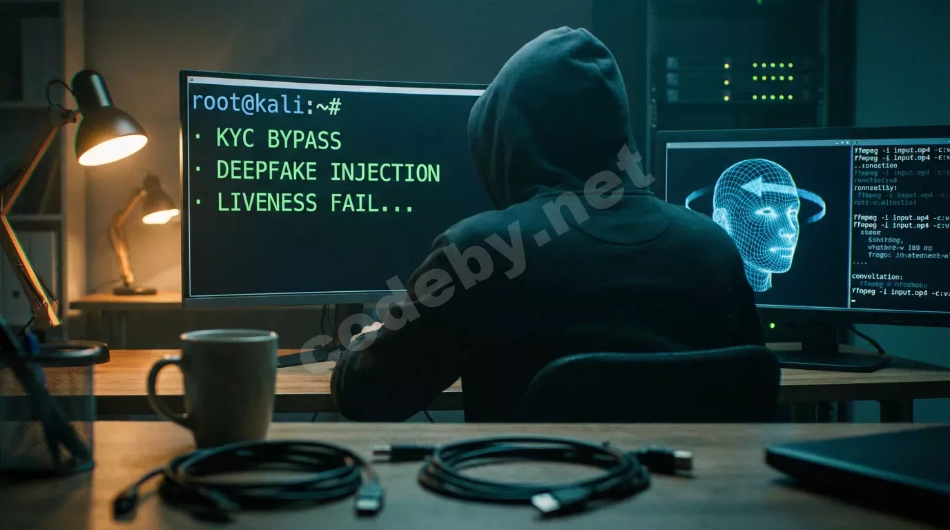 Исследователь безопасности за тёмным столом с двумя мониторами: на основном — зелёный текст терминала, на втором — каркасная сетка лица. Холодное свечение экранов, кинематографичные тени.