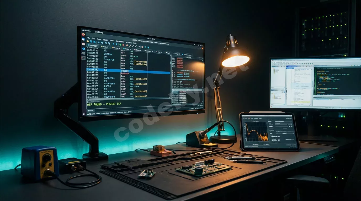 Ночная лаборатория CTF: монитор с отладчиком x64dbg, подсвеченный адрес OEP и граф энтропии UPX. Янтарная лампа, бирюзовая LED-подсветка стола, размытые огни серверной стойки.