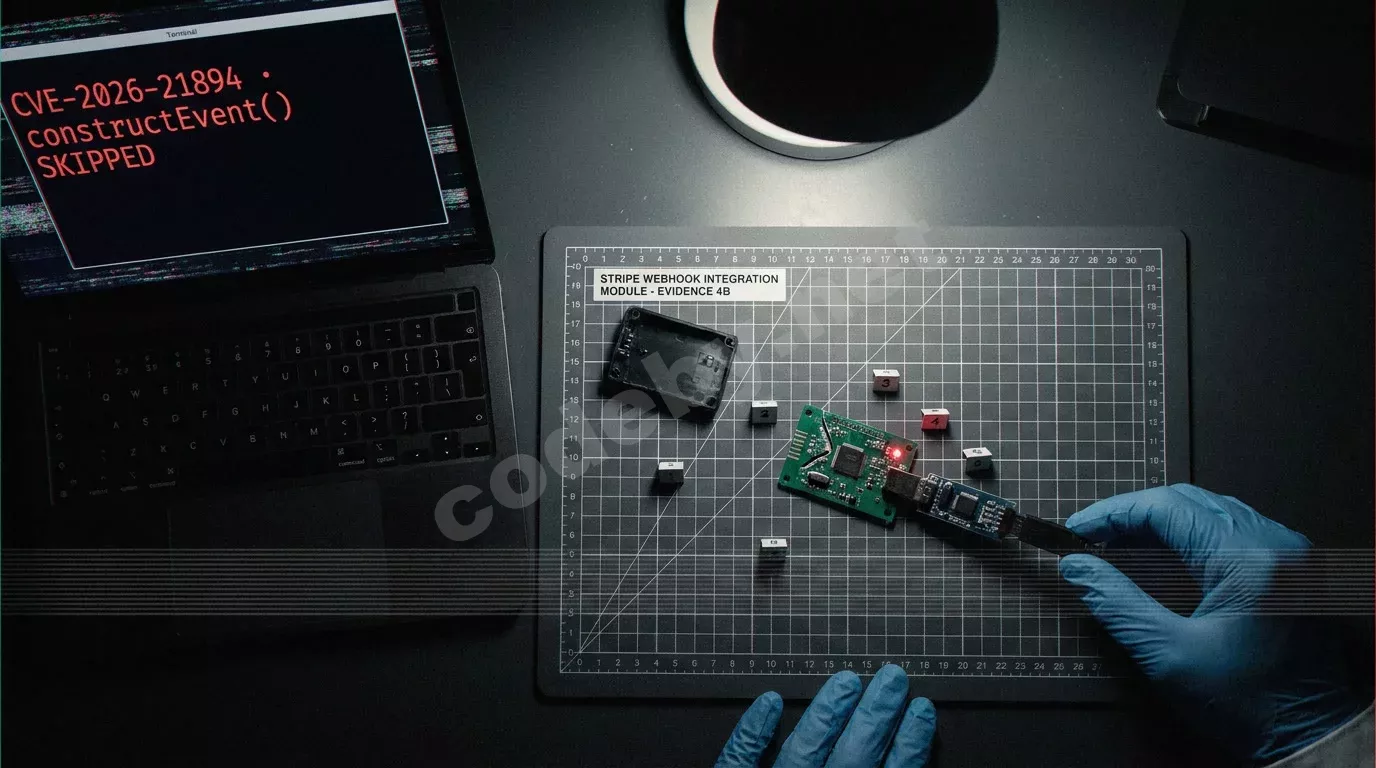 Криминалистический стол с отладочной платой и USB-зондом. Экран ноутбука показывает ошибку пропущенной проверки подписи вебхука, рука в перчатке настраивает оборудование.