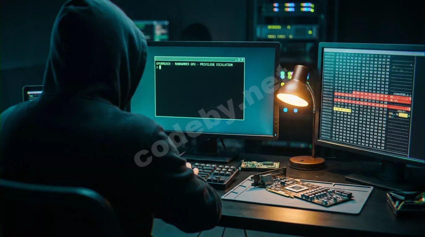 Исследователь безопасности за тёмной рабочей станцией: два монитора с терминалом и дампом памяти, разобранная видеокарта с чипами GDDR на антистатическом коврике, янтарный свет лампы над золотыми д...