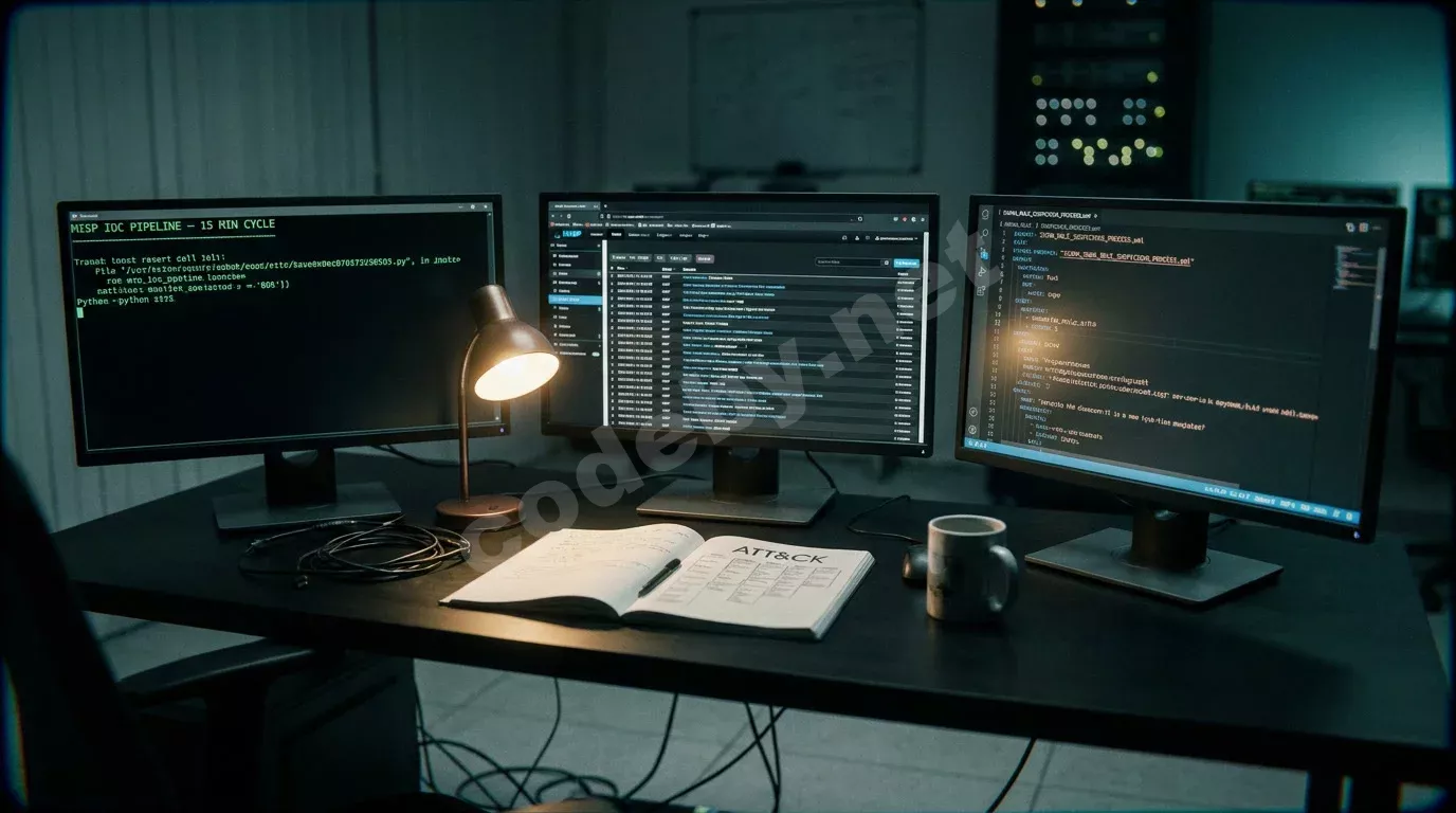Ночной зал SOC: три монитора с лентой MISP, Python-скриптом и правилом Sigma освещают стол холодным сине-зелёным светом. Рядом блокнот с распечаткой матрицы ATT&CK под тёплой настольной лампой.