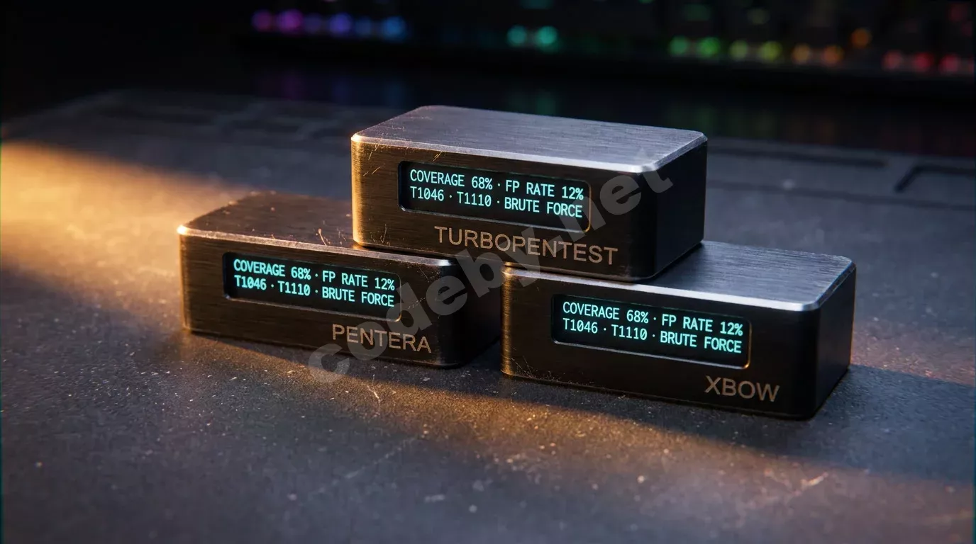 Три компактных пентест-модуля с гравировкой TURBOPENTEST, PENTERA и XBOW стоят на тёмном антистатическом коврике. На их OLED-дисплеях светятся голубые метрики покрытия и ложных срабатываний, а резк...