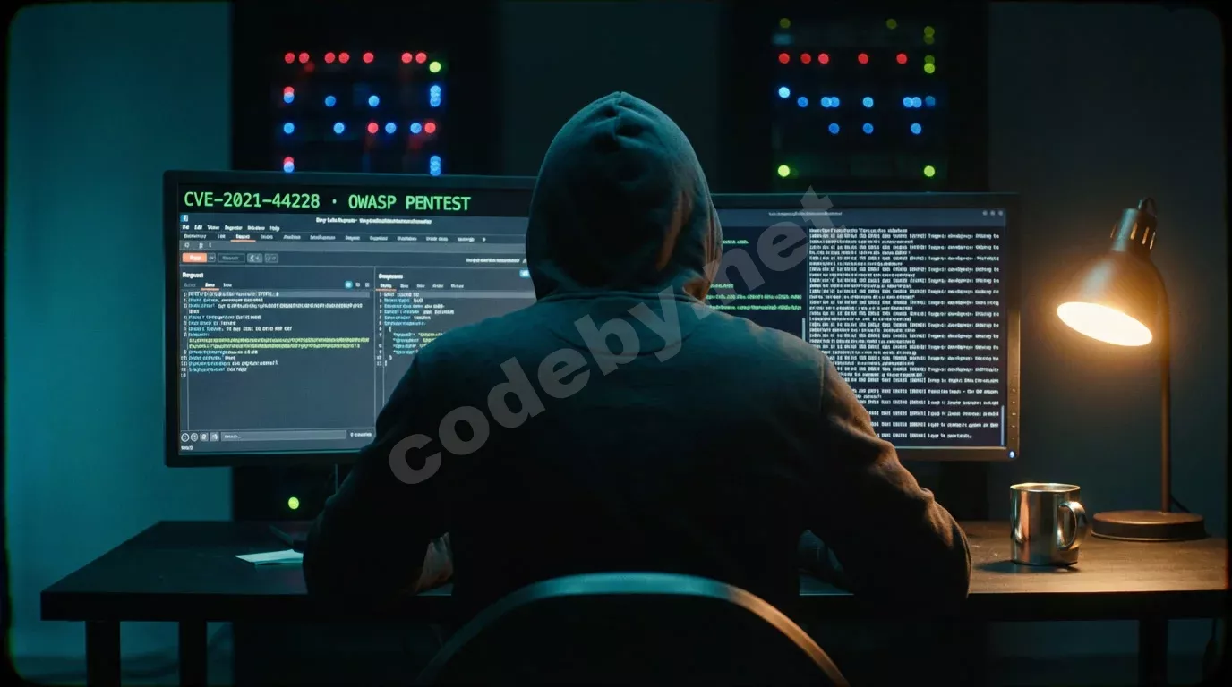 Исследователь безопасности за тёмным столом с двумя мониторами: на основном открыт Burp Suite, на втором — терминал с логами. Синеватый свет экранов освещает силуэт.